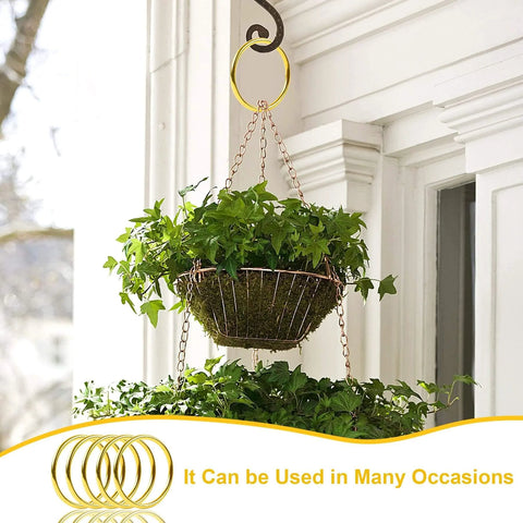 Hanging plant basket supported by gold metal O ring from set 60 pcs in 6 sizes for multipurpose DIY projects.