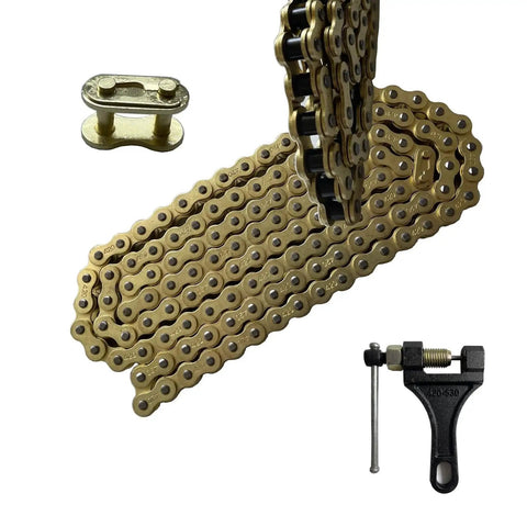 Gold 420 Motorcycle Chain 132 Link Standard Roller Chain With Chain Breaker And 10 Master Links For 100cc 110cc 125cc Dirt Pit Bike ATV Quad Go Kart Scooter By LKSM Built Tough From High Tensile Steel With Gold Plated Finish For Superior Corrosion