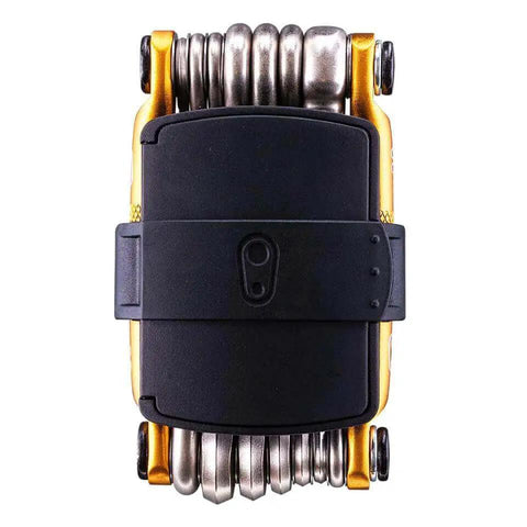 Top view of M20 Gold Bicycle Multi Tool With Hex Wrenches Two To Eight Millimeter Open Wrench Spoke Wrenches Phillips And Flathead Screwdrivers