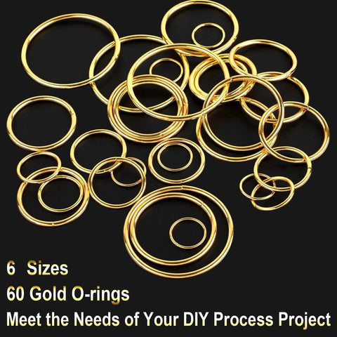 Gold Metal O Rings Set 60 Pcs In 6 Sizes Multi Purpose Buckle Loop Rings For Hardware Bags DIY Keychains Belts Craft Projects 15mm 20mm