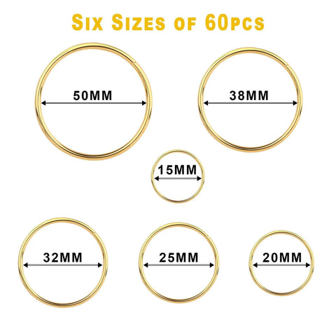 Gold Metal O Rings Set 60 Pcs In 6 Sizes Multi Purpose Buckle Loop Rings For Hardware Bags DIY Keychains Belts Craft Projects 15mm 20mm 25mm 32mm 38mm 50mm