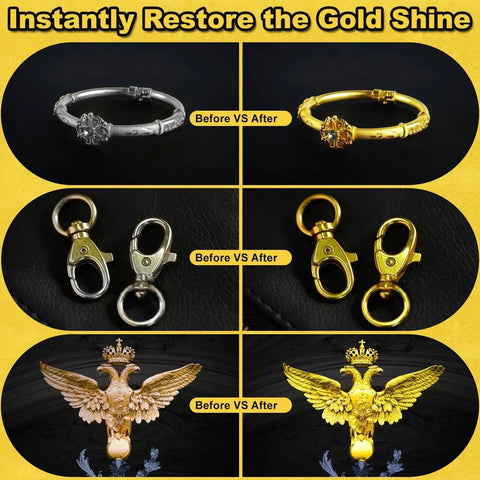 Before and after results using Premium 24K Gold Plating Solution for jewelry restoration, shown on bracelet, clasp, and decorative piece.
