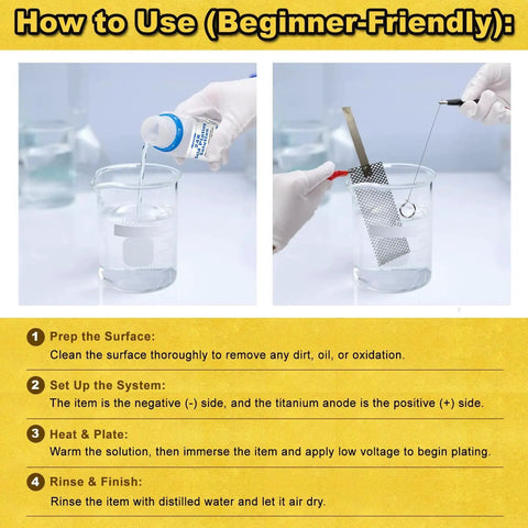 Steps for using Premium 24K Gold Plating Solution For Bath Immersion Plating And Jewelry Restorations, with high purity formula.