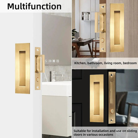Pocket Door Edge Pull And Recessed Finger Flush Pull In Gold Finish Hidden Door Handle Set With Push Auto Bounce Switch Six Inch Long Embedded Installation Large Comfortable Handle Durable Hardware For Pocket Doors installed view in home interiors.