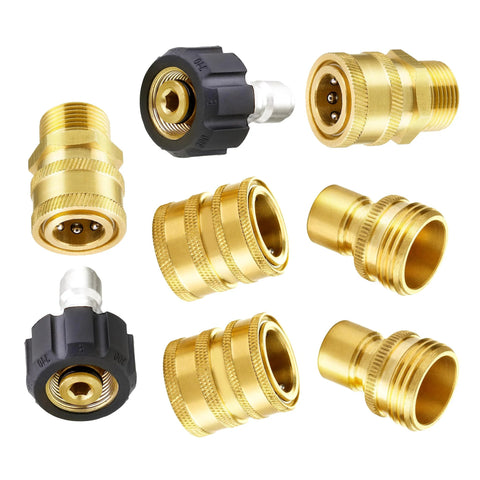 Brass pressure washer adapter set, 8-pack with M22 swivel to 3/8 in quick-connect and 3/4 in quick-release fittings.