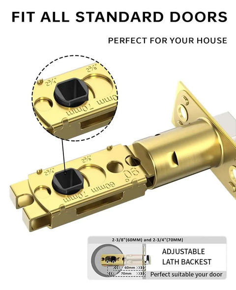 Gold Privacy Door Handle Set 1 Pack With Interior Keyless Lever And Knobs For Bedroom Or Bathroom, adjustable latch detail