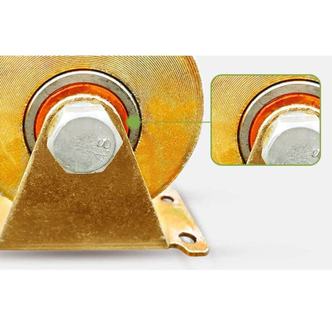 Close-up of a gold heavy-duty pulley wheel, visible double bearings, 95mm size, for use in industrial machines and sliding doors.