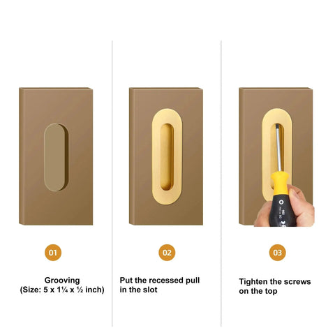 Installation process for 6 Inch Gold Recessed Finger Flush Pulls for Pocket Doors and Closet Doors, Sliding Barn Door Handle Hardware
