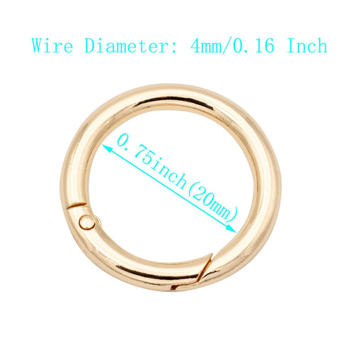 Gold round carabiner clip, 0.75 inch diameter, for keyrings. Sold in Twenty Pack Trigger Spring Round Carabiner Clips Snap Hooks.