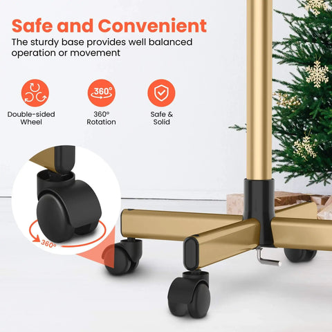 Gold Aluminum Salon Rolling Tray on Wheels with Adjustable Height, featuring double-sided wheels and a stable gold base.