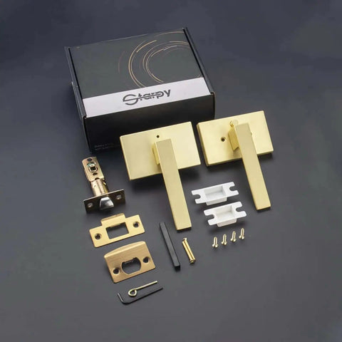 Gold Satin Brass Privacy Door Lever For Interior Bathroom With Silent Mechanism And Push Button Lock Exterior Lever Included with installation parts