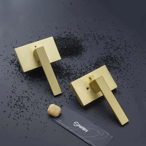 Gold Satin Brass Privacy Door Lever For Interior Bathroom With Silent Mechanism And Push Button Lock Exterior Lever Included