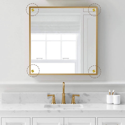 Stainless Steel Gold Sign Mounting Bracket Hardware Pack Of 8 For Wall Mounting Glass And Acrylic Signs shown holding a mirror above a sink
