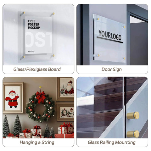 Stainless Steel Gold Sign Mounting Bracket Hardware Pack Of 8 For Wall Mounting Glass And Acrylic Signs Including Sign Standoff Screws Three Quarters Inch By One Inch Brushed Finish For Hanging Acrylic Picture Frames in various applications like poster boards, door signs, and glass railings.