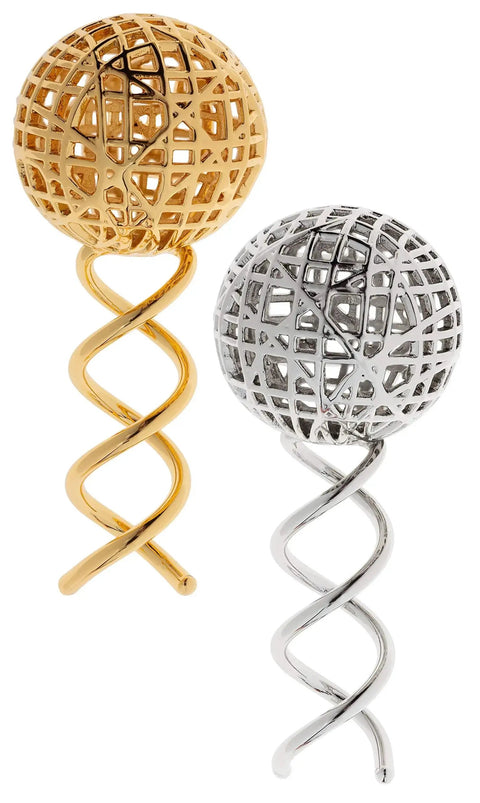 Gold and silver spiral lattice ball earrings with a unique modern design showcasing intricate metalwork for a stylish accessory.
