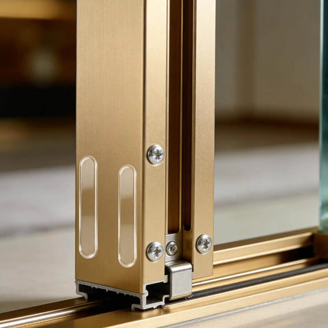 Close-up view of a metal sliding door track and edge.