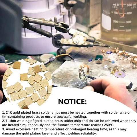 Gold Chip Solder Set 200Pcs 2x2mm 24K Gold Plated Brass Solder Chips with tools, soldering station, and instructions in background