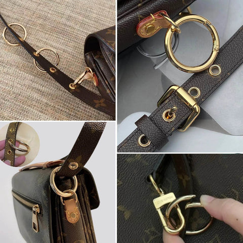 Gold finish 2 Pack 1 Inch Spring O Rings For Purses And Handbags attached to strap, showing zinc alloy build and rust resistance.