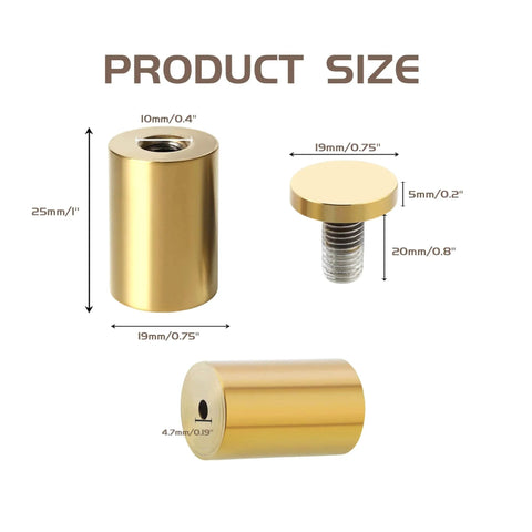 Stainless Steel Gold Sign Mounting Bracket Hardware Pack Of 8 dimensions and components shown, featuring brushed finish and detailed measurements.