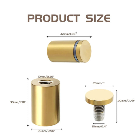 Gold Sign Standoff Screws 1 Inch By 1.38 Inch Stainless Steel Wall Mount size dimensions diagram