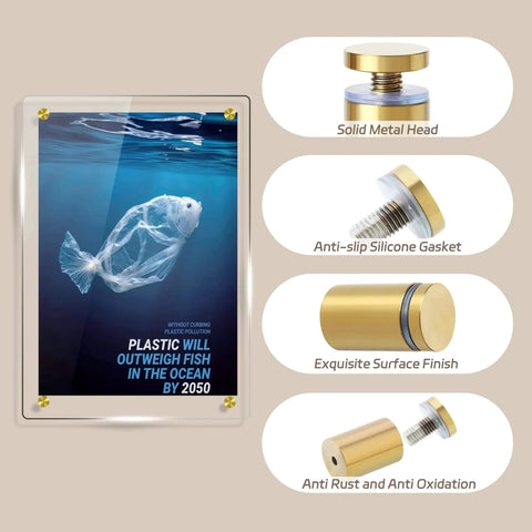 Stainless Steel Gold Sign Mounting Bracket Hardware Pack Of 8 For Wall Mounting Glass And Acrylic Signs Including Sign Standoff Screws Three Quarters Inch By One Inch Brushed Finish For Hanging Acrylic Picture Frames