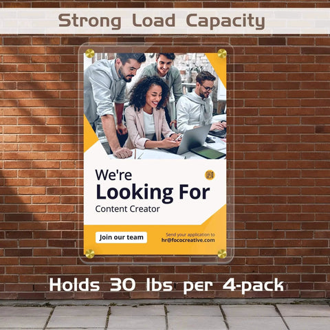 Gold Sign Standoff Screws 1 Inch By 1.38 Inch Stainless Steel Wall Mount installed on brick wall with job advertisement sign.