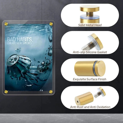 Gold Sign Standoff Screws 1 Inch By 1.38 Inch Stainless Steel Wall Mount For Glass And Acrylic Frames With Brushed Gold Finish, displayed with features