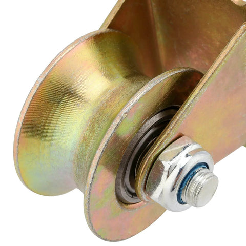 Close-up of steel U-type groove wheel with bracket from 10 Pack 2 Inch U Groove Wheel Pulley, Sliding Gate Rollers for Inverted Track.
