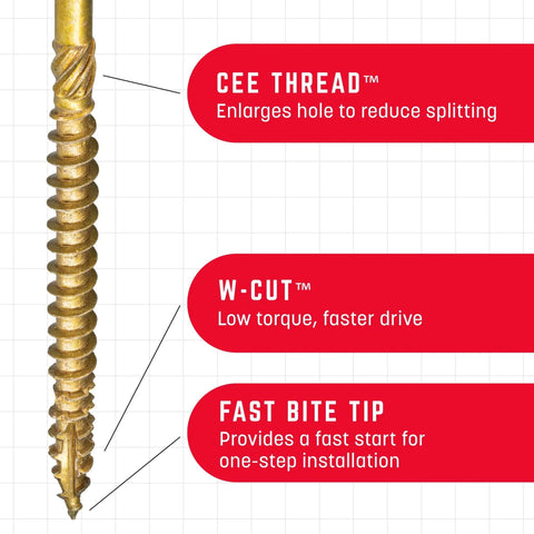5/16 x 6 Inch RSS Rugged Structural Screws showing CEE THREAD, W-CUT, and FAST BITE TIP for timber construction, gold finish