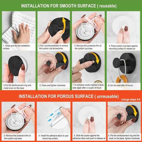 Installation guide for Gold Suction Cup Hooks for Glass Window and Shower showing steps for smooth and porous surfaces