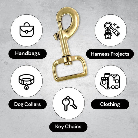 Gold tone swivel snap hook shown with icons for handbags, dog collars, harness projects, clothing, and key chains.