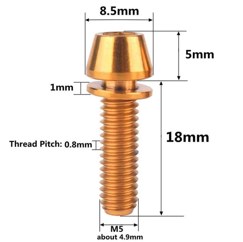 VAMUOEFL Titanium Bolt M5x18mm Allen Hex Tapered Head with Washer for MTB Road Bicycle Parts, Gold