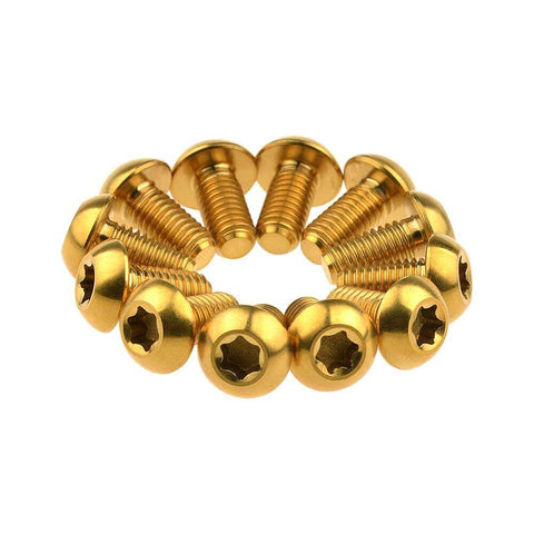 12 Pcs M5x10 Titanium Torx Bolts for Bicycle Disc Brake Rotors featuring gold finish and T25 Torx heads, arranged in a circle.