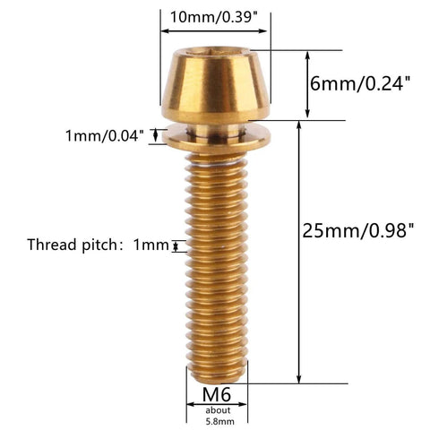 Diagram of a gold UHDFBDHF 4Pcs Titanium Bolt M6 x 25mm Allen Hex Bolts with Washers Screw for Bicycle V Brake Hub Fixed showing dimensions.