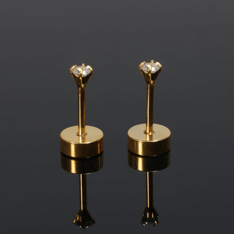 Titanium Earrings Screw Back Earrings for Women Toddler, Hypoallergenic Flat Back Stud Earrings Cubic Zirconia Studs (Gold, 2mm)