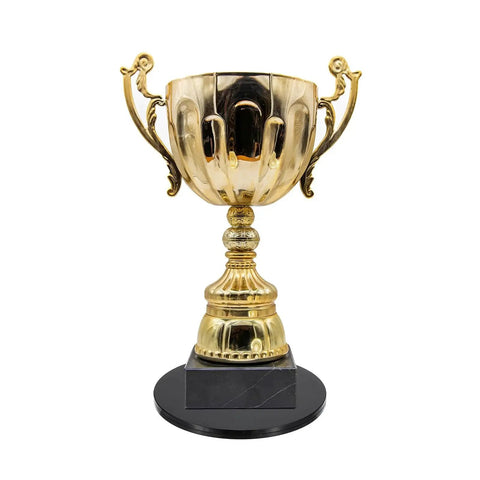 Gold trophy with ornate handles on a black base against a white background