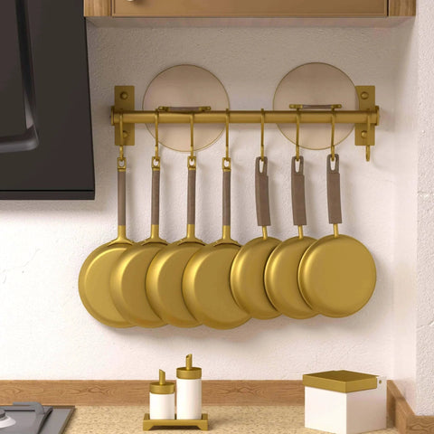 Kitchen Utensil Holder Hanger, Pot and Pan Rack Wall Mounted with 8 Hooks, Gold, holding golden pans in a kitchen setting.