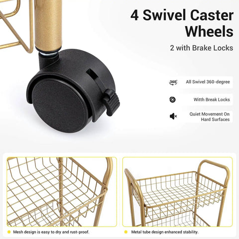 Close-up of 3 Tier Rolling Utility Cart With Mesh Baskets And Gold Finish Easy Assembly, showing swivel caster wheels and mesh baskets.