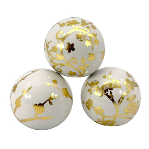 Set of 3 4" Gold & White Floral Chinoiserie Ceramic Balls - Decorative Ball Vase Bowl Fillers