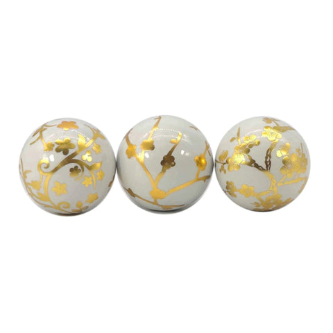 Three 4" Gold & White Floral Chinoiserie Ceramic Balls - 3Pack - Decorative Ball Vase Bowl Filler on white background