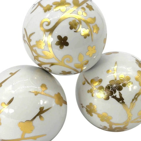 4" Gold & White Floral Chinoiserie Ceramic Ball - 3Pack - Decorative Ball Vase Bowl Filler close-up view