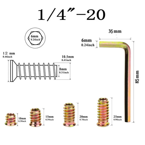 Top Notch Gold Zinc Plated Wood Threaded Inserts Set 100 Pieces One Quarter Inch 20 Threads 15mm Length Hex Drive Nut Inserts for Furniture Assembly DIY Projects Home Office and Woodworking shown with dimensions and Allen wrench