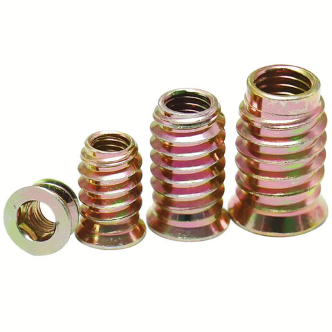 Top Notch Gold Zinc Plated Wood Threaded Inserts Set 100 Pieces One Quarter Inch 20 Threads 15mm Length Hex Drive Nut Inserts