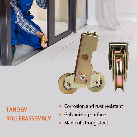 2 Pcs Gold Sliding Door Rollers With 1-1/4 Inch Tandem Wheels, Heavy-Duty Steel Ball Bearings, showing front and side views