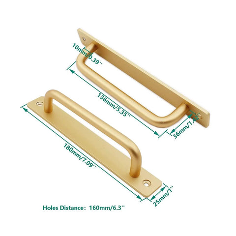 2 Pack Rustic Barn Door Handles In Golden Aluminum Alloy, 7 Inch Modern Sliding Door Pulls, showing length and mounting holes.