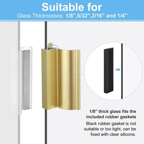 Frameless Shower Door Handle With Golden Finish Aluminum Alloy Construction Includes Metal Strike And Stainless Steel U Channel With Magnet For Swing Glass Doors 1/8 To 1/4 Inch Thick diagram showing glass thicknesses