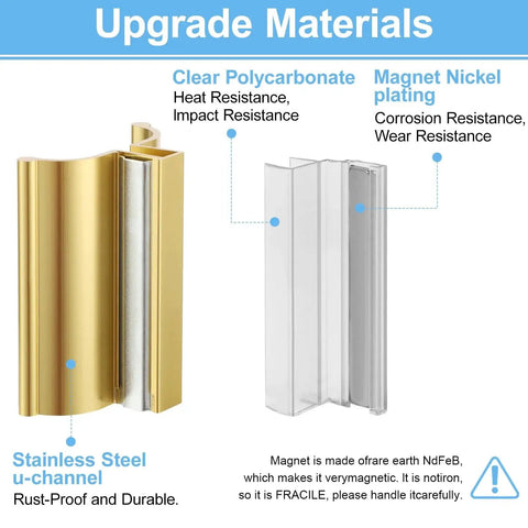 Frameless Shower Door Handle With Golden Finish Aluminum Alloy Construction Includes Metal Strike And Stainless Steel U Channel With Magnet