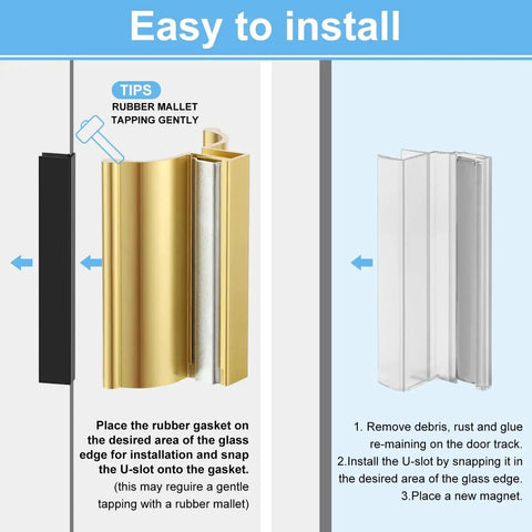 Installation guide for Frameless Shower Door Handle With Golden Finish Aluminum Alloy Construction Including Metal Strike and Magnet