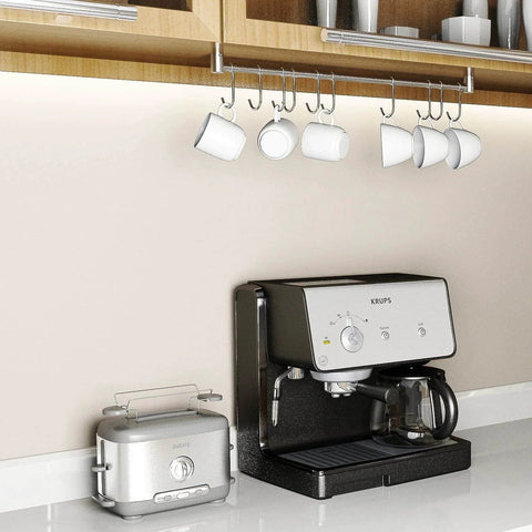 Kitchen Hanging Racks 304 Stainless Steel 20 Inch Rail Utensil Storage Hanger with 10 Pcs Noiseless Sliding Hooks, holding mugs