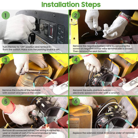 Installation steps for 36 Volt Golf Cart Solenoid With Four Terminals For TXT Marathon Medalist Electric Models.